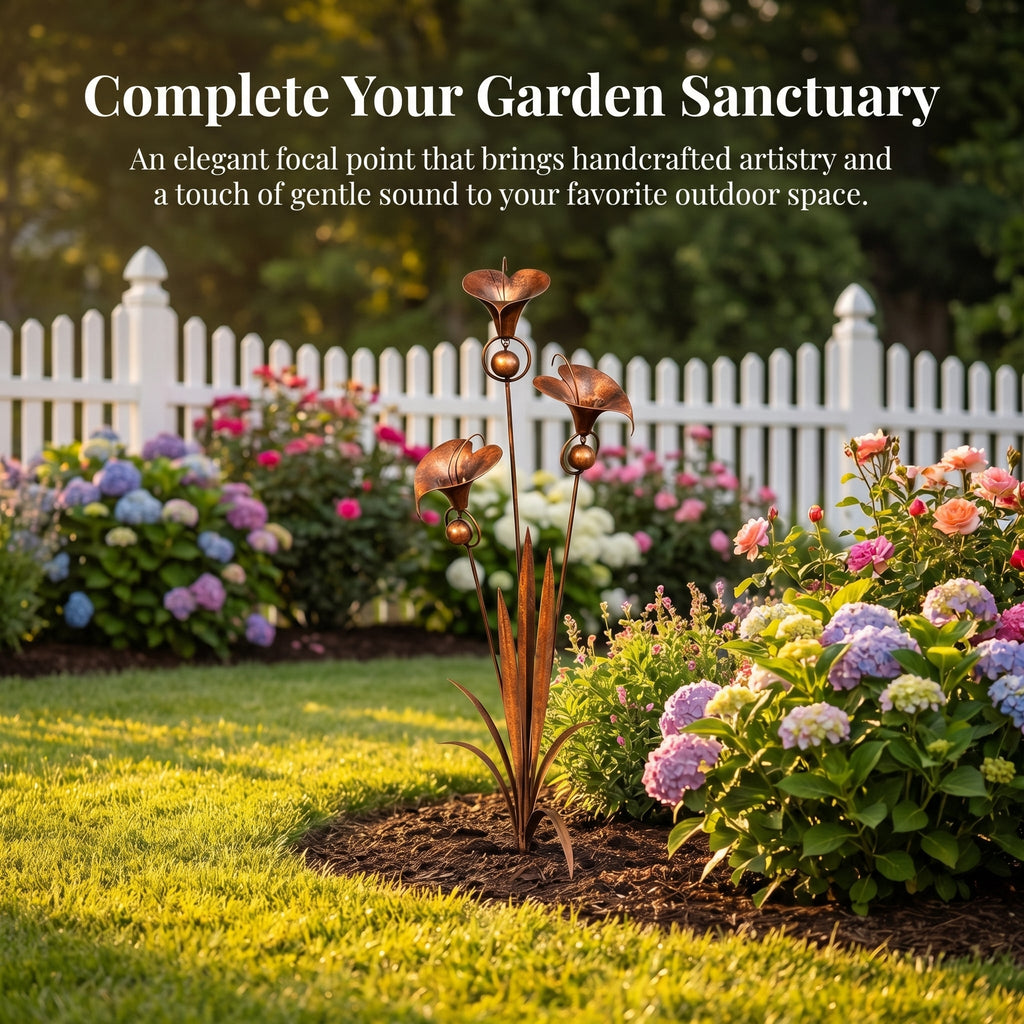 Flamed Copper Three Calla Lilies Garden Stake with Bells, 28" Handcrafted Outdoor Yard Art🔥