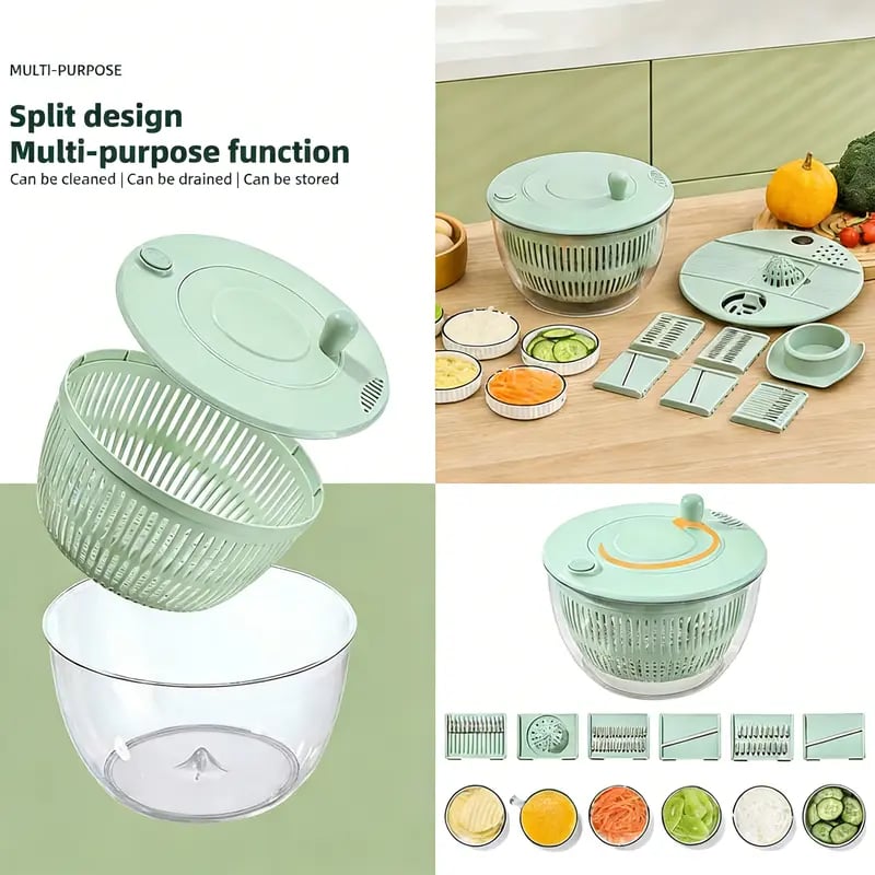 🥗 3-in-1 Large Salad Spinner Set | 5.3 Qt Vegetable Washer with Slicer & Strainer for Kitchen🔥