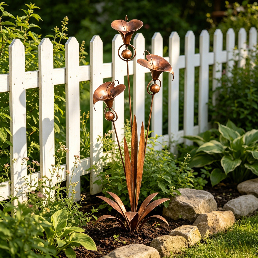 Flamed Copper Three Calla Lilies Garden Stake with Bells, 28" Handcrafted Outdoor Yard Art🔥