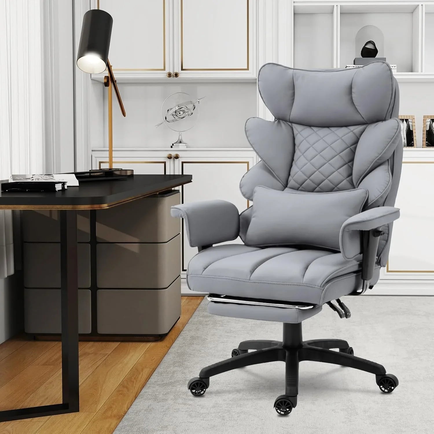 Big and Tall Office Chair with Pocket Spring Cushion,High Back Computer Gaming Chairs with Adjustable Armrests and Lumbar Support,Executive Desk Chairs with Footrest(PU Leather,White)🔥