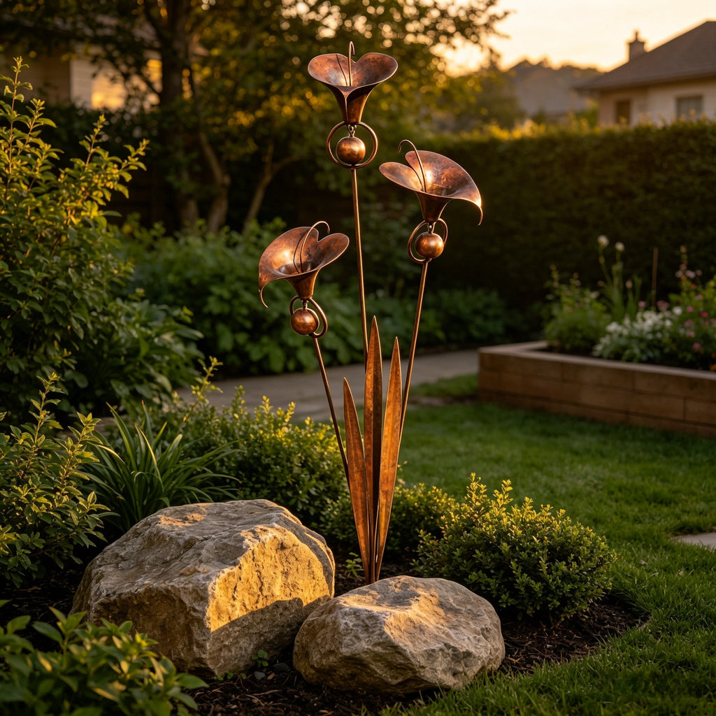 Flamed Copper Three Calla Lilies Garden Stake with Bells, 28" Handcrafted Outdoor Yard Art🔥