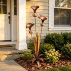 Flamed Copper Three Calla Lilies Garden Stake with Bells, 28" Handcrafted Outdoor Yard Art🔥