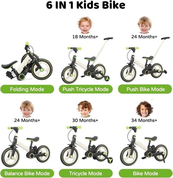 6-in-1 Toddler Bike & Stroller | Foldable Push Bike w/Training Wheels🔥
